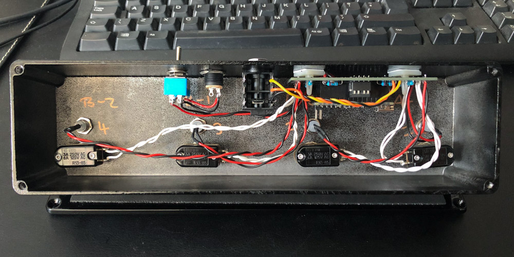 Guts of the completed pedal showing wiring layout