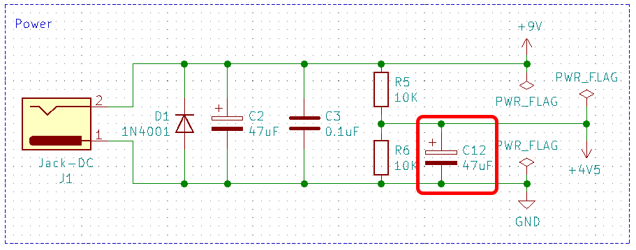 Updated 1.1 Power section with C12 decoupling capacitor for the 4v5 supply.