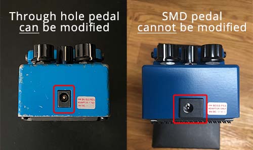 Comparison of DC jacks showing which pedal can be modded
